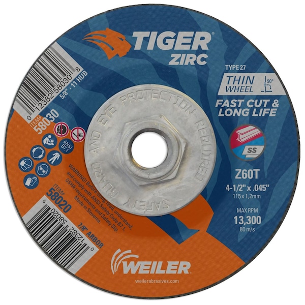 Weiler 4-1/2 x .045 TIGER ZIRC Type 27 Cutting Wheel Z60T 5/8-11 UNC Nut - 58030