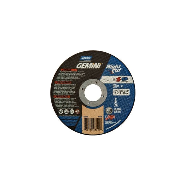 Saint-Gobain Abrasives Norton 66252823602 Gemini Right Angle Cut-Off Wheel 4-1/2" x .045" x 7/8" 36 Grit Alum. Oxide Type 1 - 66252823602