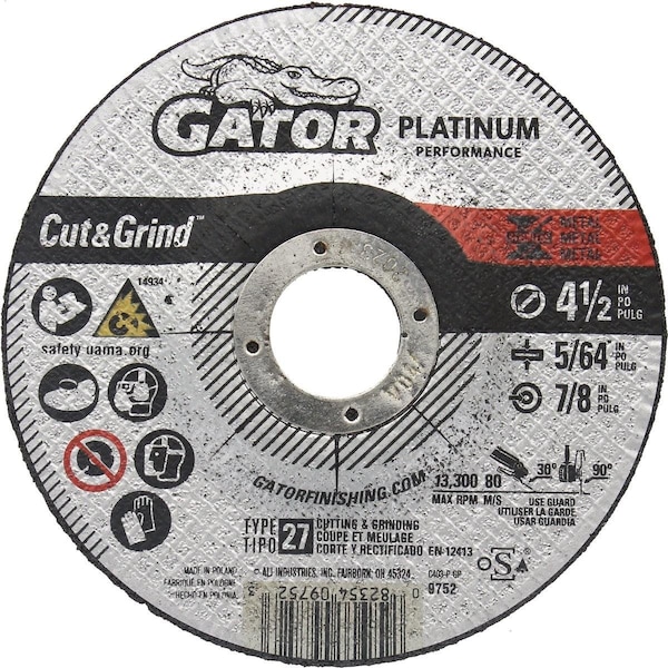 Gator Finishing Blade Type 27 4-1/2 In. x 5/64 In. x 7/8 In. Metal/Stainless Cut-Off Wheel - 9752
