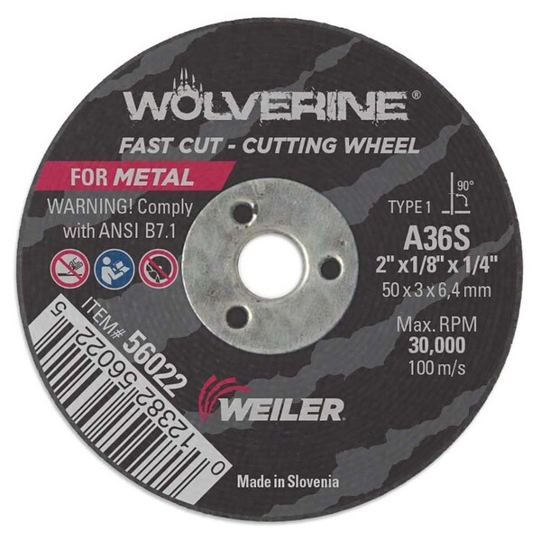 Weiler 2" x 1/8" Wolverine Type 1 Cut-Off Wheel, A36S, 1/4" A.H. - 56022