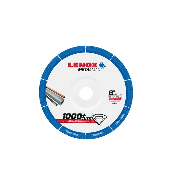 Lenox Abrasive Cut-Off Wheel, Type 27, 6 in Dia, 1/16 in Thick, 7/8 in Arbor Hole Size, Diamond, 60 Grit - 2044470