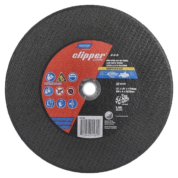 Norton Co Clipper Classic Cut-Off Wheel, 12 in Dia, 1/8 in Thick, 1 in Arbor, Aluminum Oxide Abrasive - 70184601489