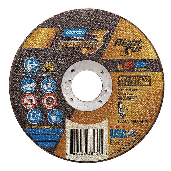 Norton Abrasives Abrasive Cut-Off Wheel, Type 1, 4 1/2 in Dia, 0.045 in Thick, 7/8 in Arbor Hole Size, Ceramic - 66252838454