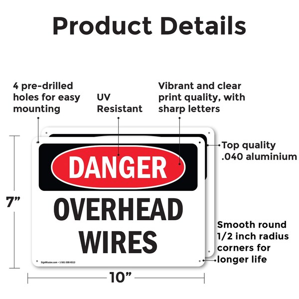 Signmission Overhead Wires Danger Sign, Aluminum, 10in W x 7in L, 2PK - OS-2PACK-DS-A-710-L-2290