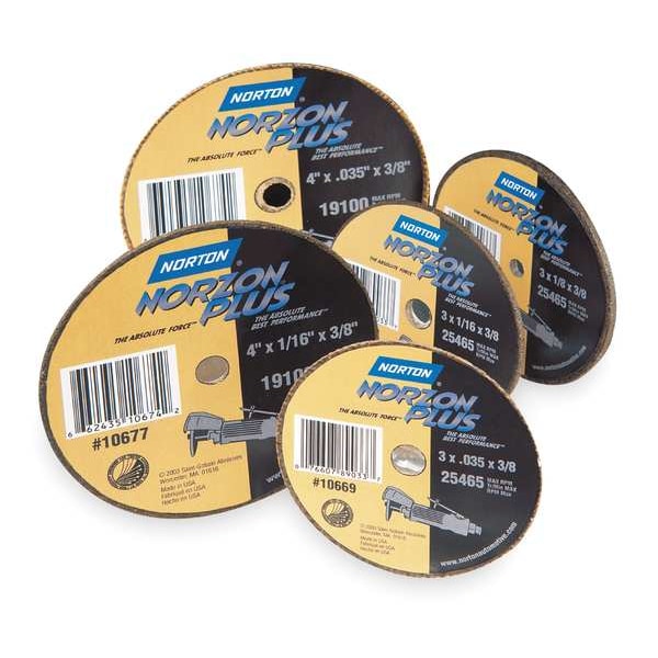 Norton Abrasives Abrasive Cut-Off Wheel, Type 1, 3 in Dia, 0.0625 in Thick, 3/8 in Arbor Hole Size, Ceramic, 36 Grit - 66243510671