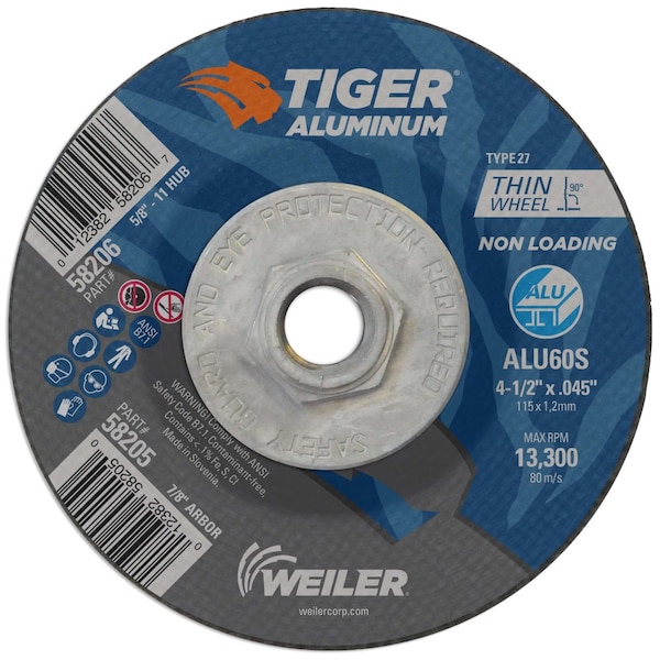 Weiler 4-1/2 x .045 TIGER ALUMINUM Type 27 Cutting Wheel ALU60S 5/8-11 Nut - 58206