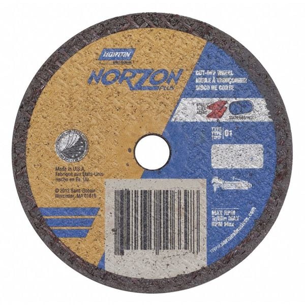 Norton Abrasives Abrasive Cut-Off Wheel, Type 1, 3 in Dia, 0.035 in Thick, 3/8 in Arbor Hole Size, Ceramic, 60 Grit - 66243510669