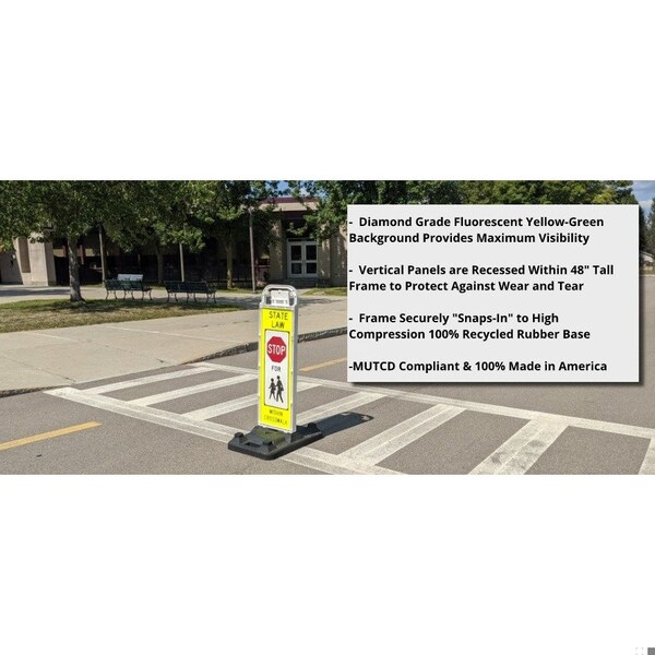 Eastern Metal Signs And Safety Vertical Crosswalk Sign, STOP FOR PEDESTRIANS, School Zone, 2 12W x 36H V-Panels, 37lbs U-Base - VP-6536-STOP-FB-SZ
