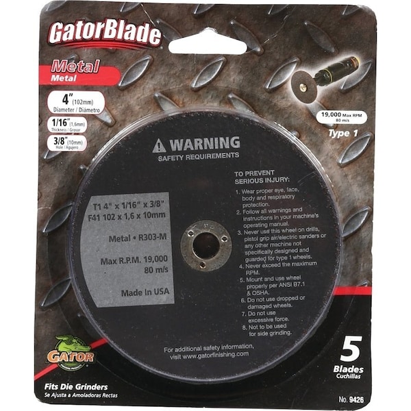Gatorblade CutOff Wheel, 4 in Dia, 116 in Thick, 38 in Arbor, Aluminum Oxide Abrasive - 9426