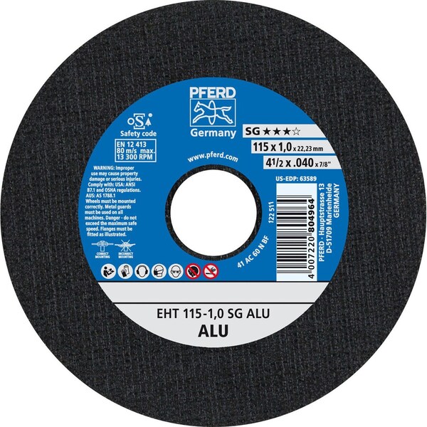 Pferd 63589 4-1/2in x .040in Cut-Off Wheel, 7/8in AH 1.0mm, A 60 N SG ALU, Type 1 - 63589-PFERD