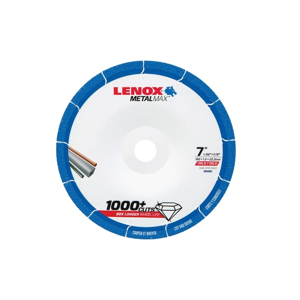 Lenox Abrasive Cut-Off Wheel, Type 27, 7 in Dia, 1/16 in Thick, 7/8 in Arbor Hole Size, Diamond, 60 Grit - 2044481