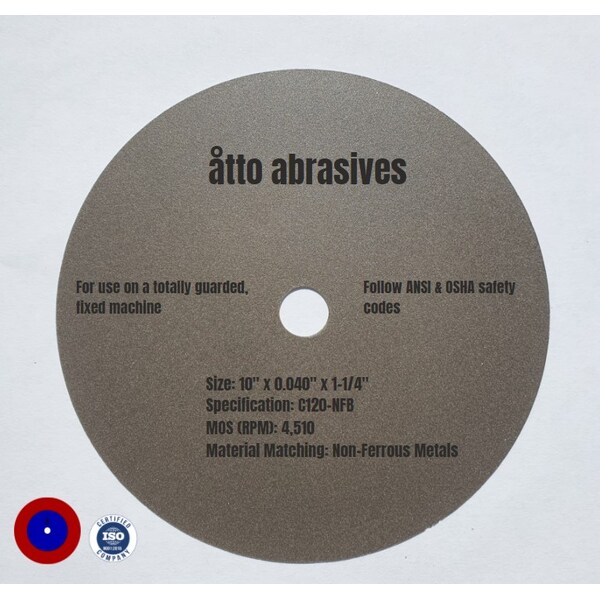 Atto Abrasives Ultra-Thin Sectioning Wheels 10"x0.040"x1-1/4" Non-Ferrous Metals - 1W250-100-SN