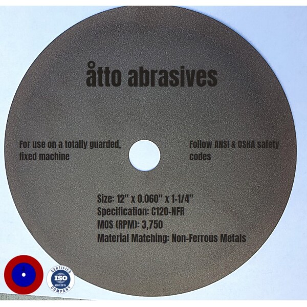 Atto Abrasives Ultra-Thin Sectioning Wheels 12"x0.060"x1-1/4" Non-Ferrous Metals - 3W300-150-SN