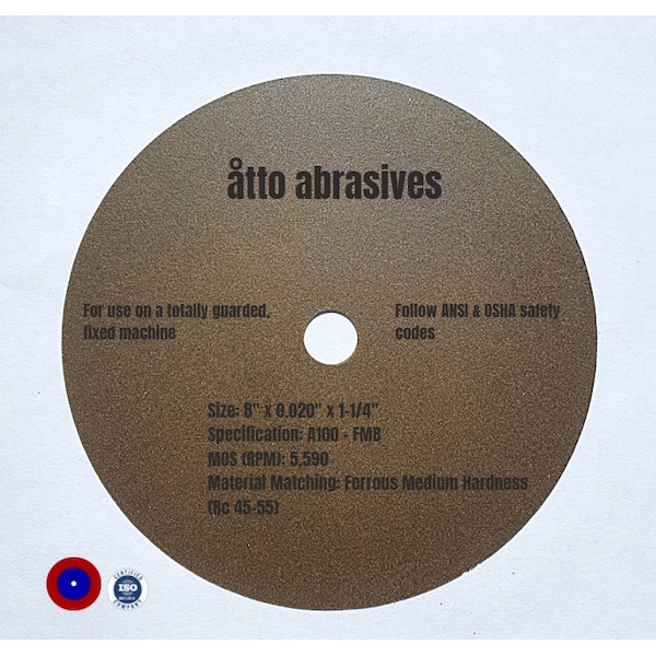 Atto Abrasives Ultra-Thin Sectioning Wheels 8"x0.020"x1-1/4" Ferrous Medium Hard - 1W200-050-SM