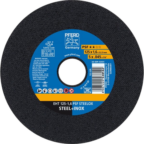 Pferd 5'' x .045'' Cut-Off Wheel, 7/8'' A.H. - PSF STEELOX - Type 1 - 63551