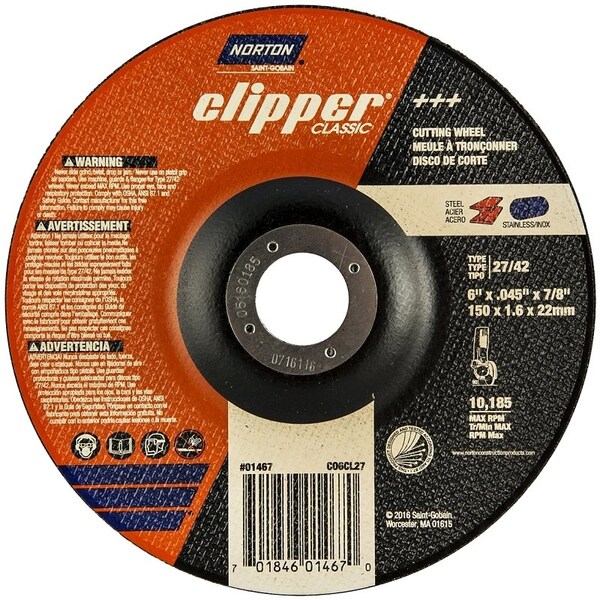 Norton Clipper Clipper Classic A AO Series Cutoff Wheel, 6 in Dia, 0045 in Thick, 78 in Arbor - 70184601467