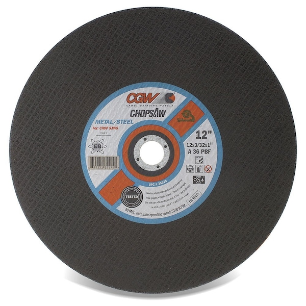 Cgw Abrasives Straight Cut-Off Wheel, 12 in Dia x 3/32 in THK, 1 in Center Hole, 36 Grit, Aluminum Oxide Abrasive - 35575