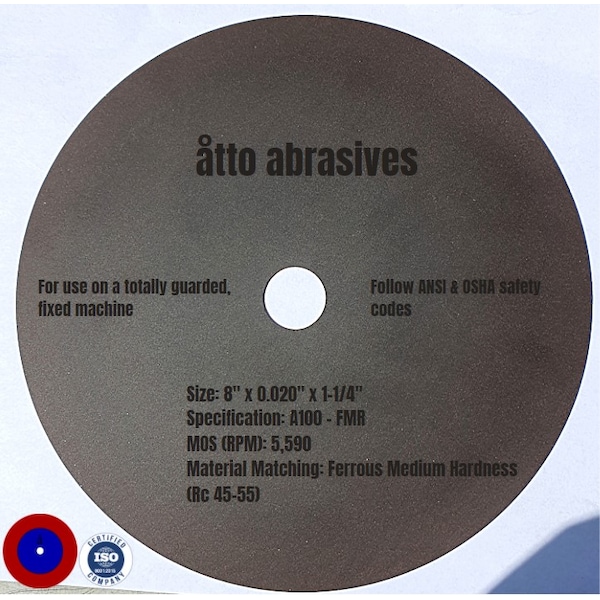 Atto Abrasives Ultra-Thin Sectioning Wheels 8"x0.020"x1-1/4" Ferrous Medium Hard - 3W200-050-SM
