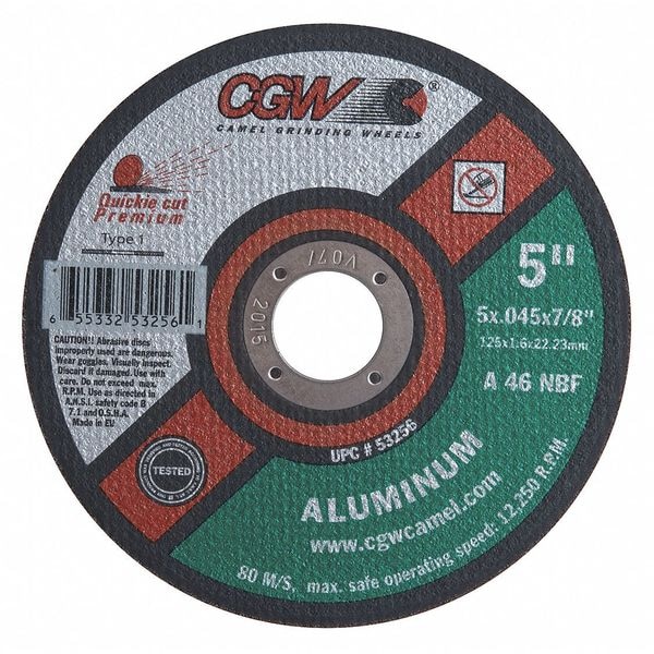 Cgw Abrasives CutOff Whl, 5x0.045x7/8, T1, Alu, 46NBF, Type 1, 5 in Dia, 0.045 in Thick, 7/8 in Arbor Hole Size - 53256