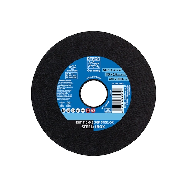 Pferd Abrasive Cut-Off Wheel, Type 1, 4-1/2 in Dia, 0.030 in Thick, 7/8 in Arbor Hole Size, 60 Grit - 69817