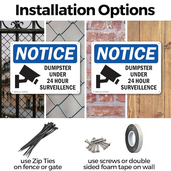 Signmission Dumpster Under 24 Hour Surveillance, 14 in W x Rectangle, Aluminum - OS-2PACK-NS-A-1014-L-15546