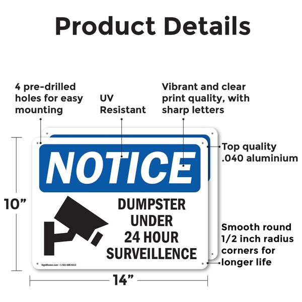 Signmission Dumpster Under 24 Hour Surveillance, 14 in W x Rectangle, Aluminum - OS-2PACK-NS-A-1014-L-15546