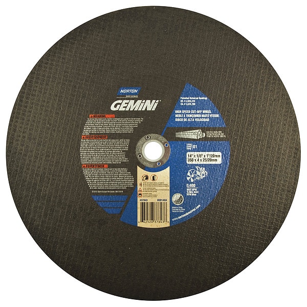 Norton Abrasives Abrasive Cut-Off Wheel, Type 1, 14 in Dia, 0.125 in Thick, 1 in, 20 mm Arbor Hole Size, 24 Grit - 66252837843