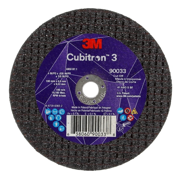 3M Cubitron Abrasive Cut-Off Wheel, Type 1, 4 in Dia, 0.035 in Thick, 3/8 in Arbor Hole Size, Ceramic, 60 Grit - 90033