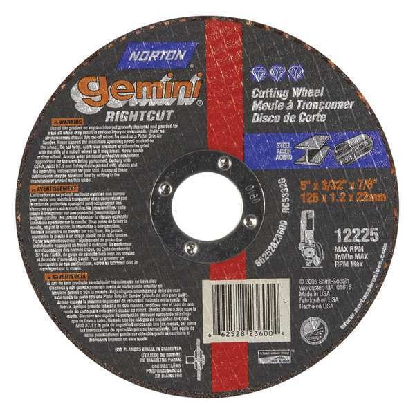 Norton Abrasives Abrasive Cut-Off Wheel, Type 1, 5 in Dia, 0.0938 in Thick, 7/8 in Arbor Hole Size, Aluminum Oxide - 66252823600