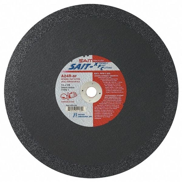 United Abrasives/Sait Abrasive Cut-Off Wheel, Type 1, 14 in Dia, 0.125 in Thick, 20 mm Arbor Hole Size, Aluminum Oxide - 24160
