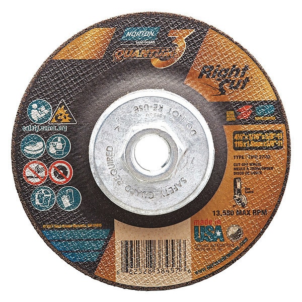 Norton Abrasives Depressed Center Cut-Off Wheel, Type 27, 4 1/2 in Dia, 0.0625 in Thick, 5/8"-11 Arbor Hole Size - 66252838457