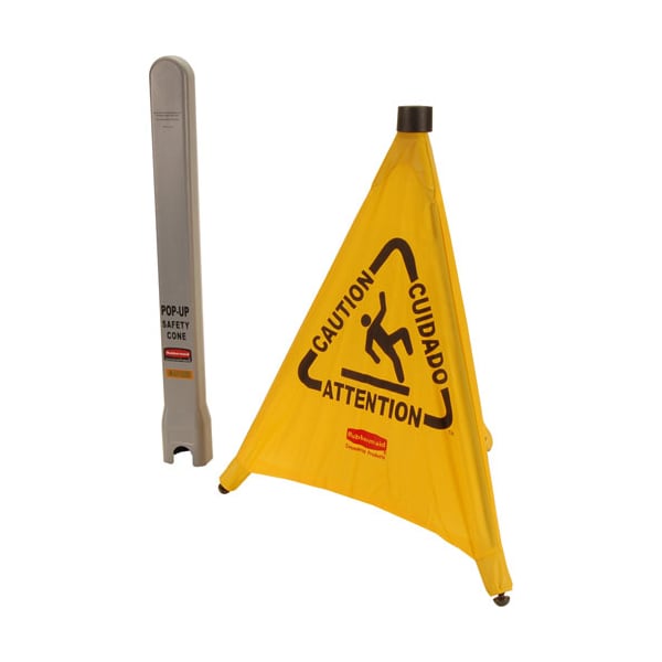 Rubbermaid Caution Sign, 20 in Height, 21 in Width, Cone, Multilingual - 9S0000YEL