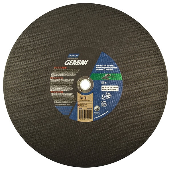 Norton Abrasives Abrasive Cut-Off Wheel, Type 1, 12 in Dia, 0.125 in Thick, 1 in, 20 mm Arbor Hole Size, 24 Grit - 66252837839