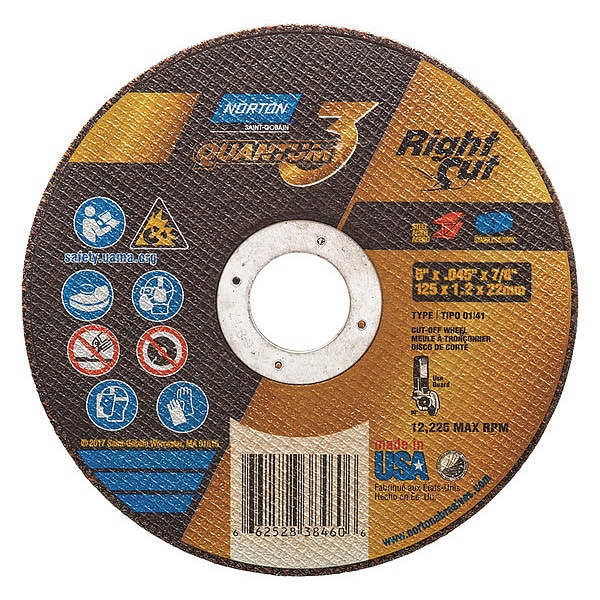 Norton Abrasives Abrasive Cut-Off Wheel, Type 1, 5 in Dia, 0.045 in Thick, 7/8 in Arbor Hole Size, Ceramic, 36 Grit - 66252838460