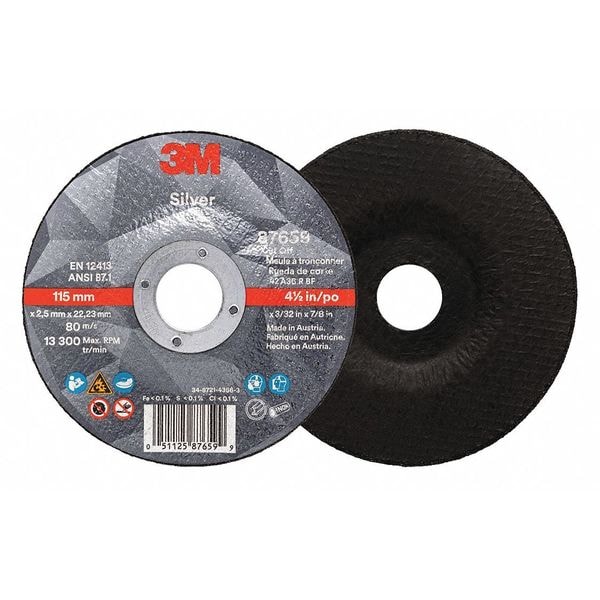 3M Depressed Center Cut-Off Wheel, Type 27, 4 1/2 in Dia, 0.0938 in Thick, 7/8 in Arbor Hole Size - 87659