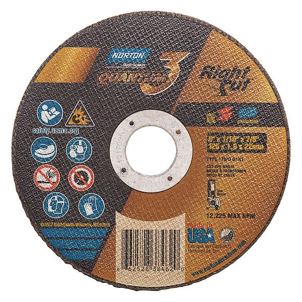 Norton Abrasives Abrasive Cut-Off Wheel, Type 1, 5 in Dia, 0.0625 in Thick, 7/8 in Arbor Hole Size, Ceramic, 36 Grit - 66252838462
