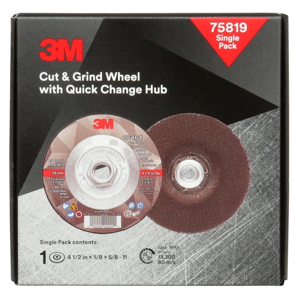 3M Cut-Off & Grinding Wheel, Type 27, 4 1/2 in Dia, 0.125 in Thick, 5/8"-11 Arbor Hole Size, Ceramic - 75819