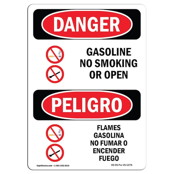 Signmission OSHA Sign, Gasoline No Smoking Or Open Flames Bilingual, 14in X 10in Decal, 10" W, 14" L, Spanish - OS-DS-D-1014-VS-1278