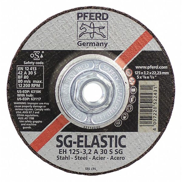 Pferd Type 27, 5 in Dia, 1/8 in Thick, 5/8 in-11 Arbor Hole Size, Aluminum Oxide, 24 Grit - 63117