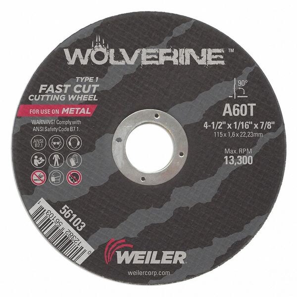 Weiler Abrasive Cut-Off Wheel, Type 1, 5 in Dia, 0.0625 in Thick, 7/8 in Arbor Hole Size, Aluminum Oxide - 56118