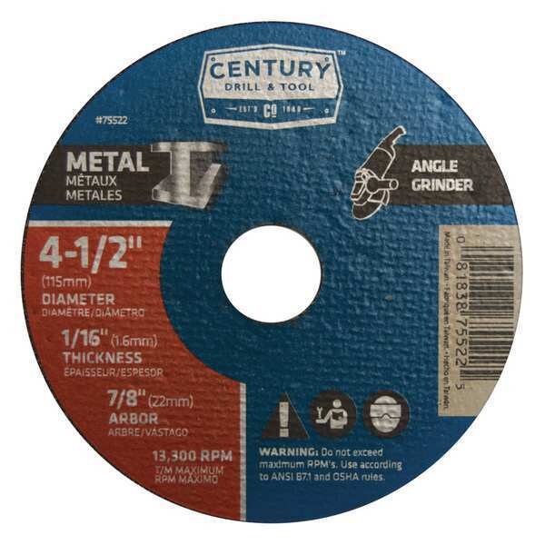 Century Drill & Tool Abrasive Cut-Off Wheel, TYPE 1A, 4-1/2 in Dia, 1/16 in Thick, 7/8 in Arbor Hole Size, A60T Series - 75522
