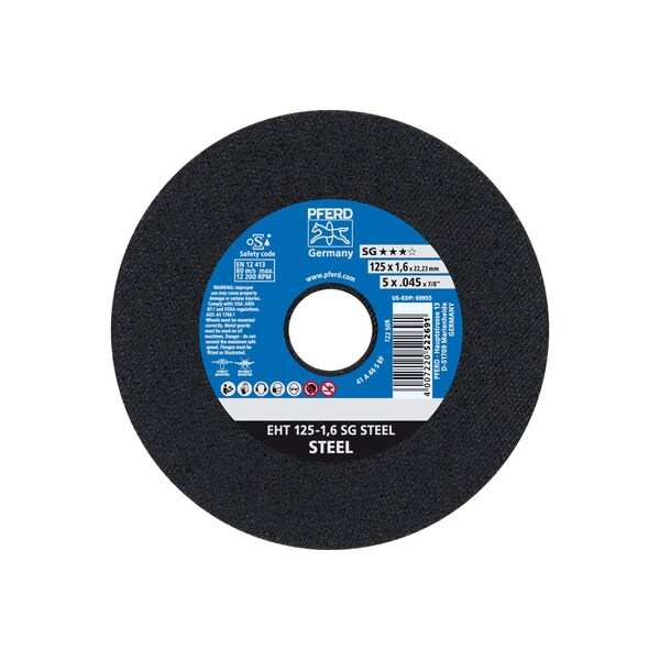 Pferd Cut-Off Wheel, 5"x.045", Type 1, 5 in Dia, 0.045 in Thick, 7/8 in Arbor Hole Size, Aluminum Oxide - 69955
