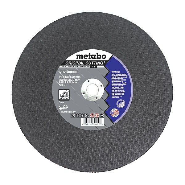 Metabo Abrasive Cut-Off Wheel, Type 1, 14 in Dia, 1/8 in Thick, 20 mm Arbor Hole Size, Aluminum Oxide - 616140000