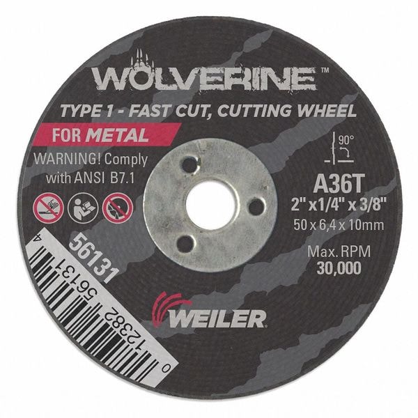 Weiler Abrasive Cut-Off Wheel, Type 1, 2 in Dia, 0.25 in Thick, 3/8 in Arbor Hole Size, Aluminum Oxide - 56131