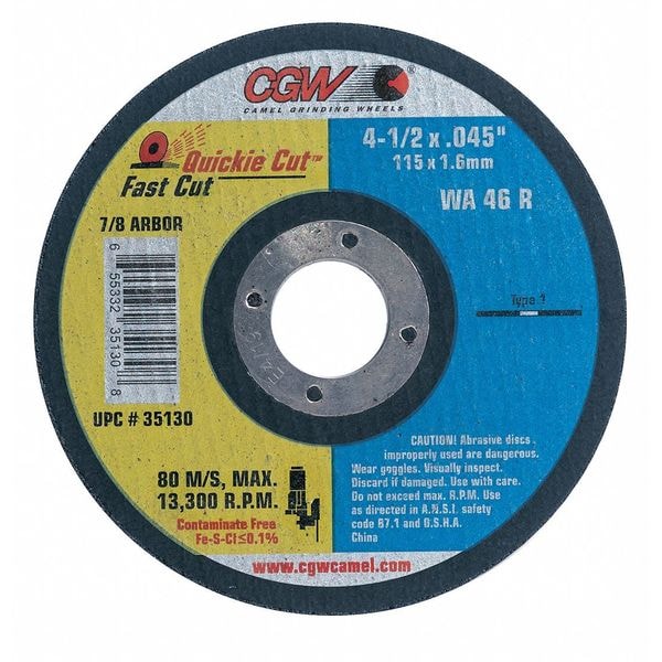 Cgw Abrasives Abrasive Cut-Off Wheel, Type 1, 6 in Dia, 0.045 in Thick, 7/8 in Arbor Hole Size, WA46-R Series - 35131