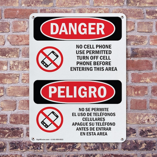 Signmission No Cell Phone Use In Area Bilingual, 7 in W x Rectangle, Plastic - OS-2PACK-DS-P-710-VS-1736