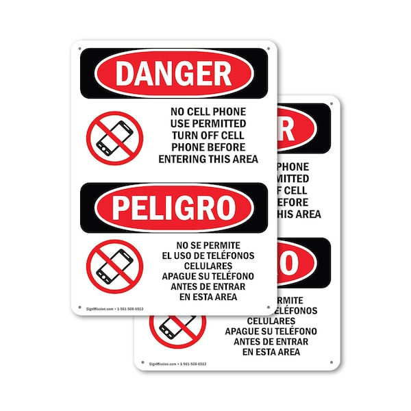 Signmission No Cell Phone Use In Area Bilingual, 7 in W x Rectangle, Plastic - OS-2PACK-DS-P-710-VS-1736