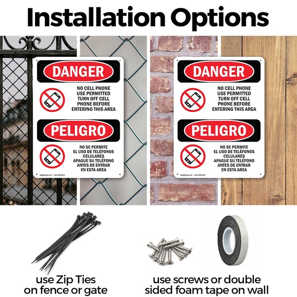 Signmission No Cell Phone Use In Area Bilingual, 7 in W x Rectangle, Plastic - OS-2PACK-DS-P-710-VS-1736