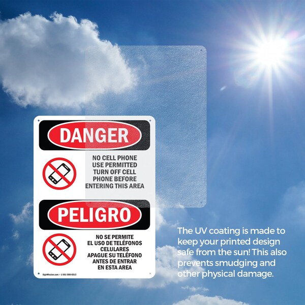 Signmission No Cell Phone Use In Area Bilingual, 7 in W x Rectangle, Plastic - OS-2PACK-DS-P-710-VS-1736