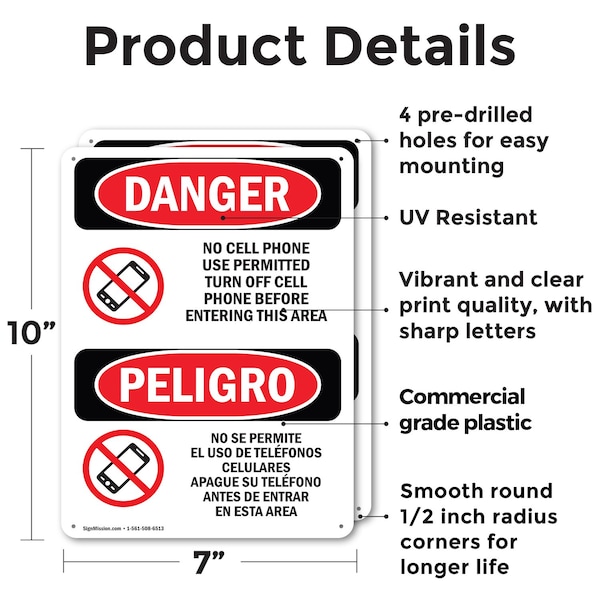 Signmission No Cell Phone Use In Area Bilingual, 7 in W x Rectangle, Plastic - OS-2PACK-DS-P-710-VS-1736